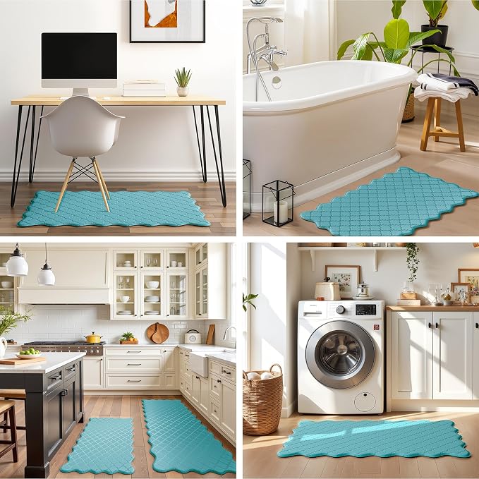 Arenarug Upgrade Scalloped Embossed Kitchen Mats for Floor 2PCS Cushioned Anti Fatigue Waterproof Foam Kitchen Rugs Non Slip Washable Comfort Standing Mat for Sink Laundry, 17.3"x30"+17.3"x59", Blue