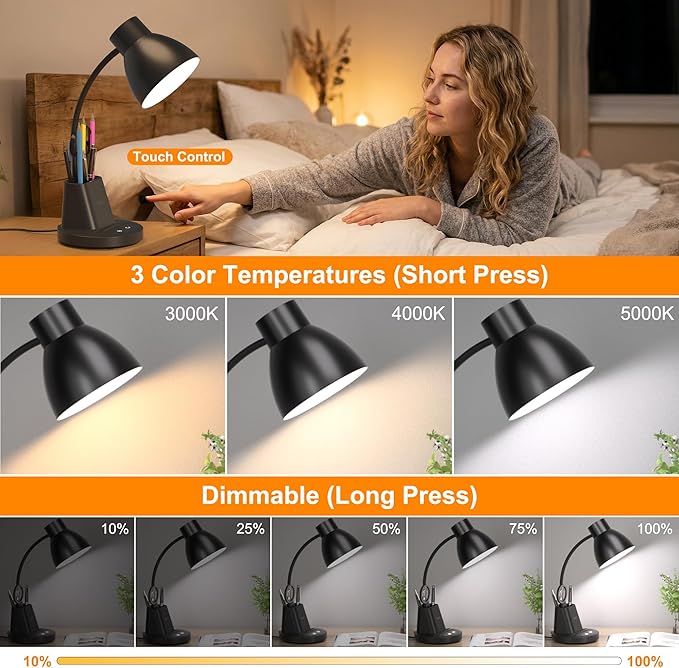 Desk Lamp for Home Office, 10W Wireless Charging, Eye-Caring LED Desk Light, CRI 95+ 3 Color Modes Stepless Dimming Pen Holder, 360° Flexible Arm Desk Lamps for College Dorm, Adapter Included