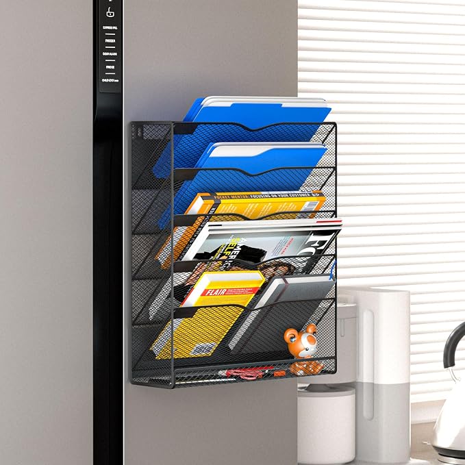6-Tier Magnetic File Holder, No Drilling Magnetic File Organizer Folder Holder, Black Hanging Magnetic Paper Holder for Refrigerator, Whiteboard, File Cabinets, Office, Kitchen (Black, 6-Tier)