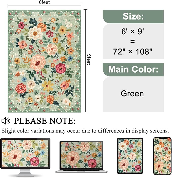 DUKINO 6x9 Area Rug, Floral Rugs for Living Room, Lightweight Non Slip Washable Rug, Indoor Low Pile & Non-Shedding Boho Design Rugs for Bedroom, Living Room, Dining Room, Green