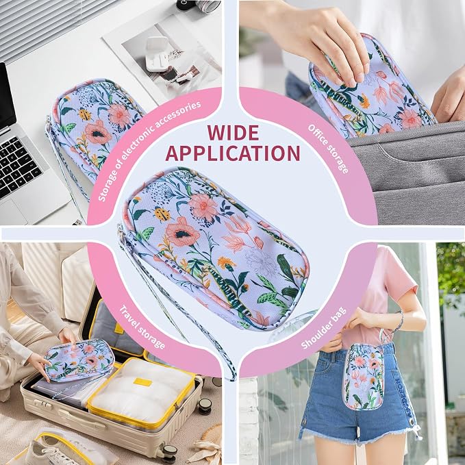 Electronics Organizer Travel Case, Cable Organizer Travel Essentials Tech Pouch,Suitable for Charger, Cable, Phone，Flash Drive,White Flower