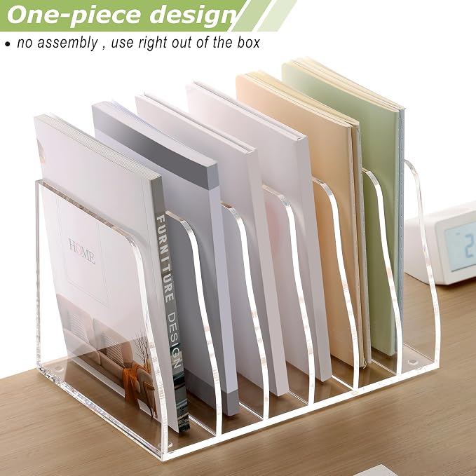 SANRUI Acrylic Desk File Organizer, Clear Magazine File Holder 6 Slot | Vertical Workspace Sorters, Folder Rack for Office Accessories Organization Storage