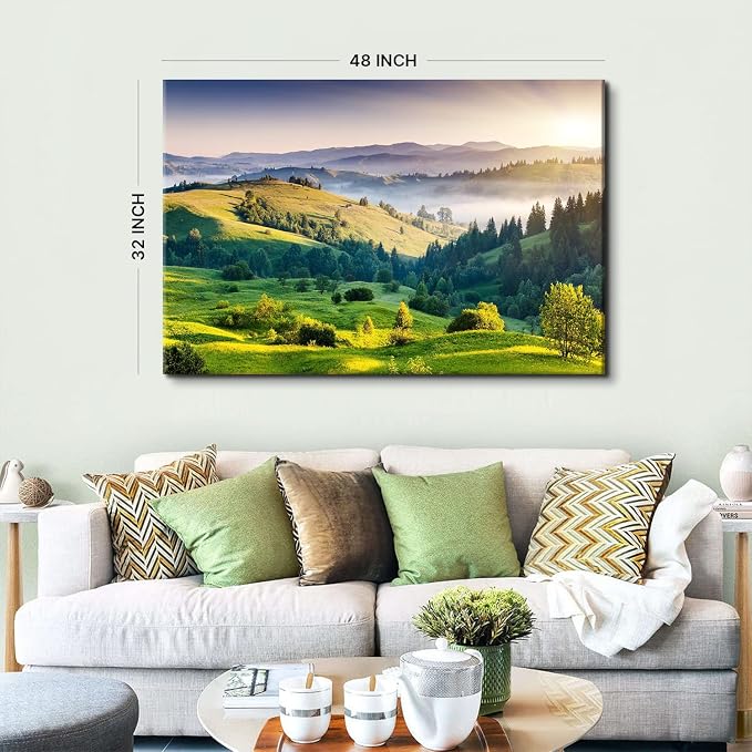Green Misty Forest Wall Art Spring Mountain Landscape Wall Decor Large Nature Scenery Canvas Picture Painting Modern Framed Artwork for Bedroom Living Room Bathroom Office Home Decoration 32 x 48 Inch