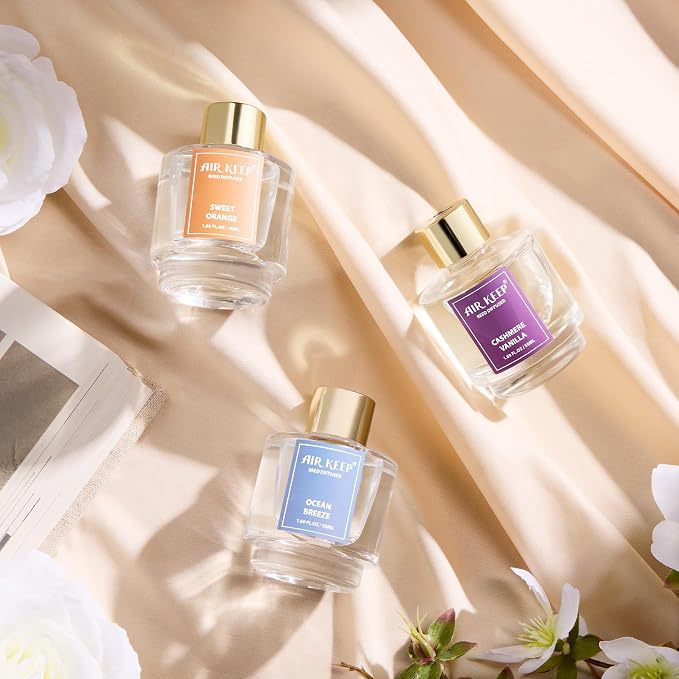 Airkeep Reed Diffuser Set of 3, Ocean Breeze Sweet Orange Cashmere Vanilla Oil Reed Diffusers for Bedroom Living Room Office Aromatherapy Oil Reed Diffuser for Gift 50ml x 3