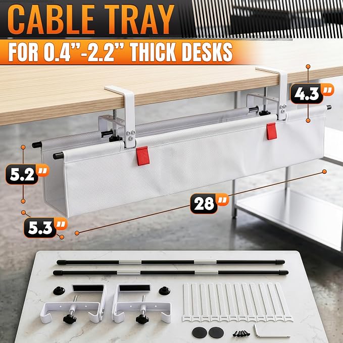 Under Desk Cable Management Tray 28" — No Drill Clamp-On Cord Organizer for Desk with Built-in Ties, Heavy Duty Metal Clamp, Foldable 600D Oxford Fabric for Home Office, WFH & Gaming PC Setup (White)
