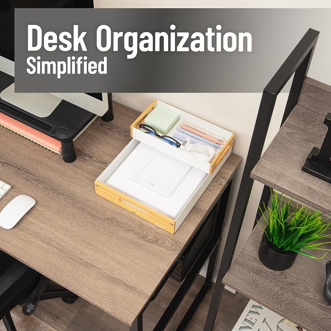 Mind Reader Metal and Wood Tiered Desktop Organizer Trays with Cutout Handles, Stackable Office Storage, Office, Entryway, Coffee Station and Home Organization, Metal and Wood, Set of 2, White