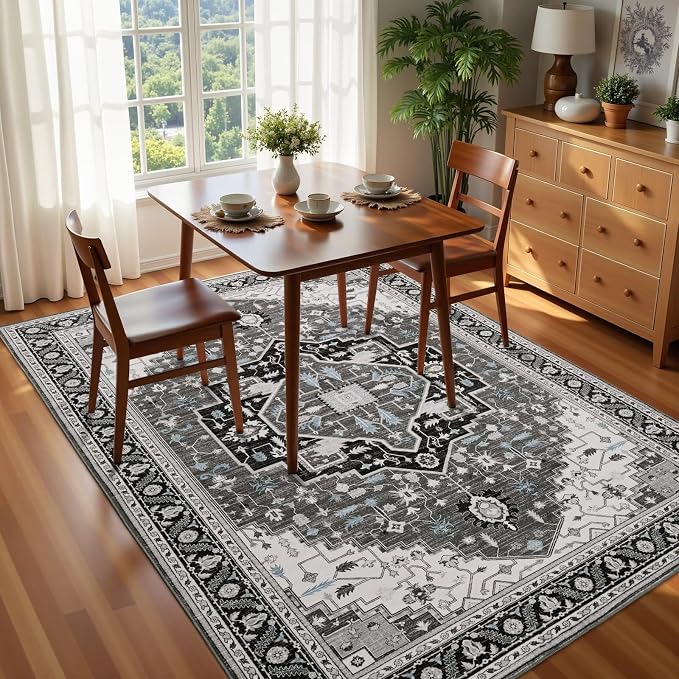 Macgace 4x6 Black Grey Area Rug for Living Room, Machine Washable Rugs with Non-Slip Backing for Bedroom, Vintage Medallion Carpet Kitchen Laundry Kids Room Decor