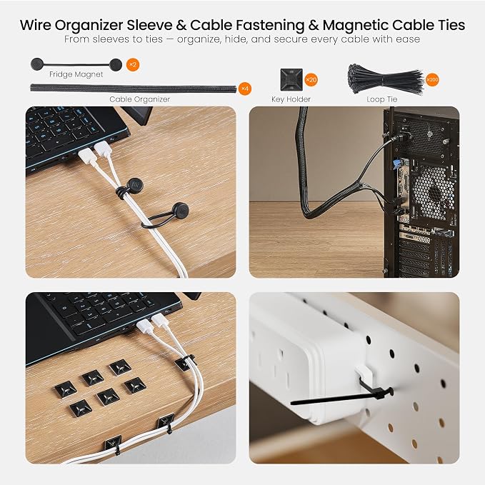 EUREKA ERGONOMIC 316PCS Under Desk Metal Cable Kit, Black | Cable management kit with metal cable tray, 6 cable holders, 4 sleeves, 60 clips, 2 tie rolls, 100 zip ties for organized