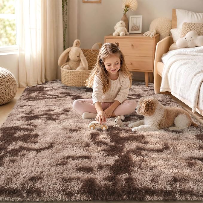 Zentavio Area Rugs for Living Room Rugs for Bedroom 4x6 Soft Carpet Fluffy Furry Shag Aesthetic Plush High Pile Gray Throw Rug for Nursery Kids Room Dorm Tie-Dyed Coffee