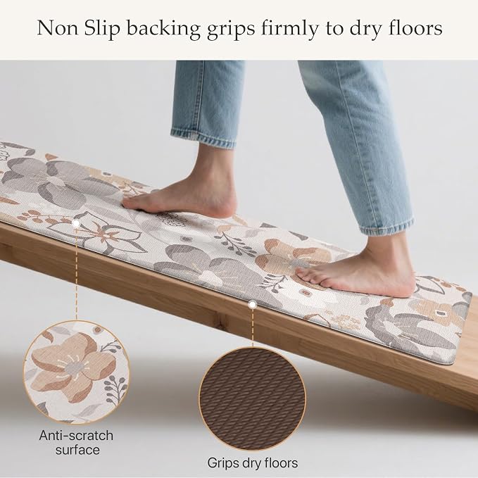 GENIMO Anti Fatigue Kitchen Mats for Floor 2PCS, Cushioned Standing Mats | 17.3"x47"&17.3"x30", Grey vintage floral rug set, waterproof, non slip, easy-clean for farmhouse