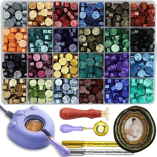Vintage Embossed Frame Wax Seal Stamp Kit - 3D Relief Frame Seal Stamps with 24-Color Sealing Beads 600pcs, Electric Wax Warmer, Spoon & Pens for Wedding Invitations, Letters (Oval #6)