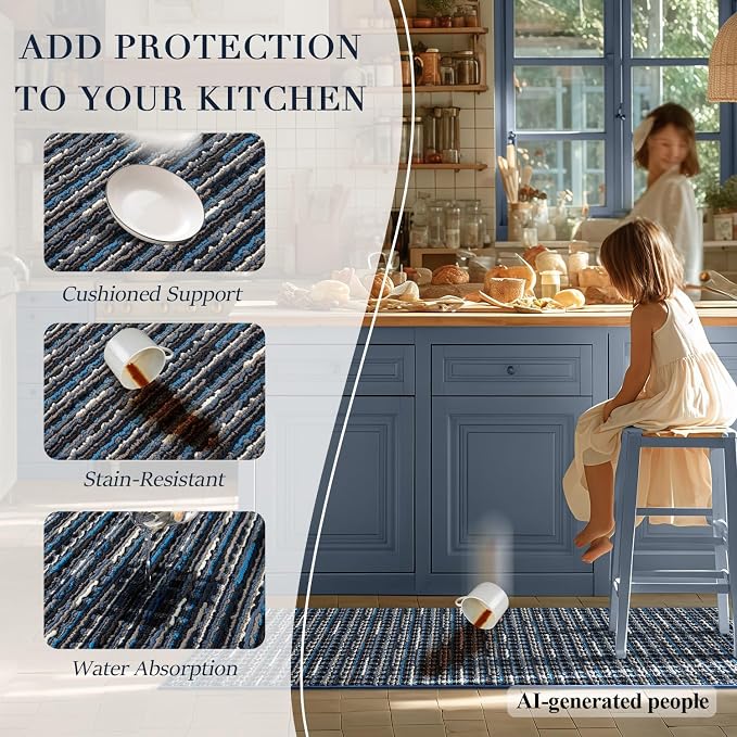 Kitchen Rugs Sets of 2-Non Slip Kitchen Mats for Floor-Thick Stain Resistant Vintage Kitchen Floor Mat Runner Carpet for Hallways Entryway Laundry Room Washable（Navy Blue 24"x70"+24"x35"）