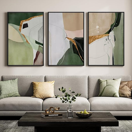 Large Framed Sage Green Abstract Wall Art for Living Room, 3 Piece Modern Canvas Prints Paintings Artwork for Walls, Green Beige Gold Block Pictures Wall Decor for Bedroom Dining Room Office 24x36 In