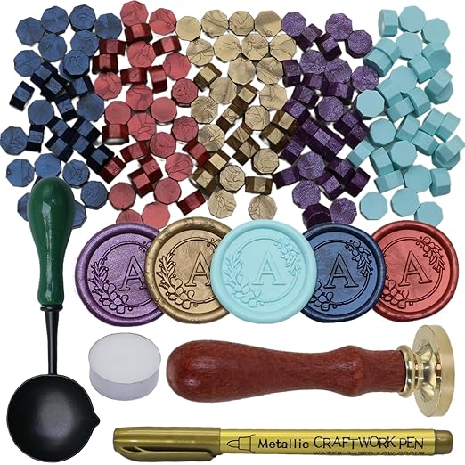 Initial Alphabet A Wax Seal Stamp Set, Retro Letter Sealing Stamp with 150Pcs Sealing Wax Beads in 5 Color, Melt Non Slip Spoon Pen Kit for Wedding and Christmas (A)