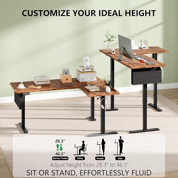 Korfile 63" L Shaped Standing Desk, Height Adjustable, LED, Memory Presets | Reversible, Ergonomic Sit to Stand Computer Desk with Headphone Hook for Home, Office and Workstation, Brown
