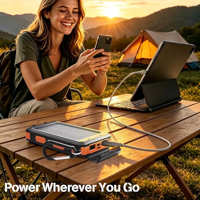 Solar Power Bank 38800mAh Portable Charger for Phone with USB-C, Outdoor Waterproof Battery Pack, 3 Outputs, Emergency LED Flashlight, Reliable Backup Power for Camping Hiking Travel and Power Outages