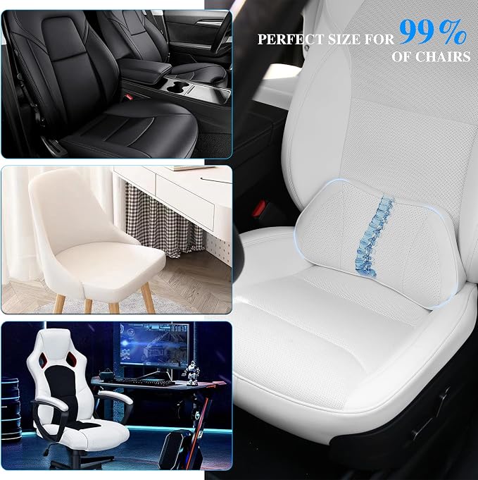 Car Lumbar Support Pillow for Driving Seat, White, 1 Pack | Leather Memory Foam Lumbar Cushion for Lower Back Pain Relief, Universal Back Support for Driving, Home & Office Chairs