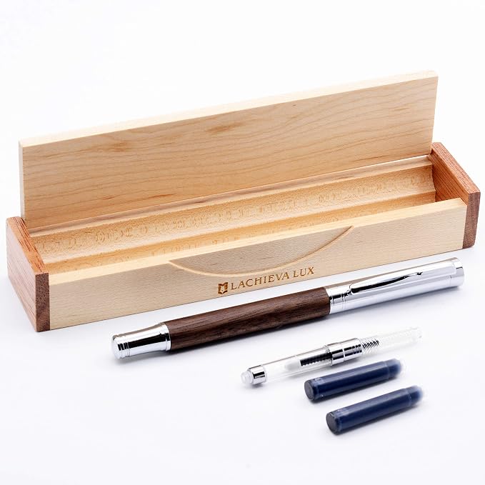 LACHIEVA LUX Walnut Fountain Pen, German Fine Nib, Smooth Ink Flow, Wooden Gift Box with Converter & 2 Cartridges, Fancy Pen for Men and Women