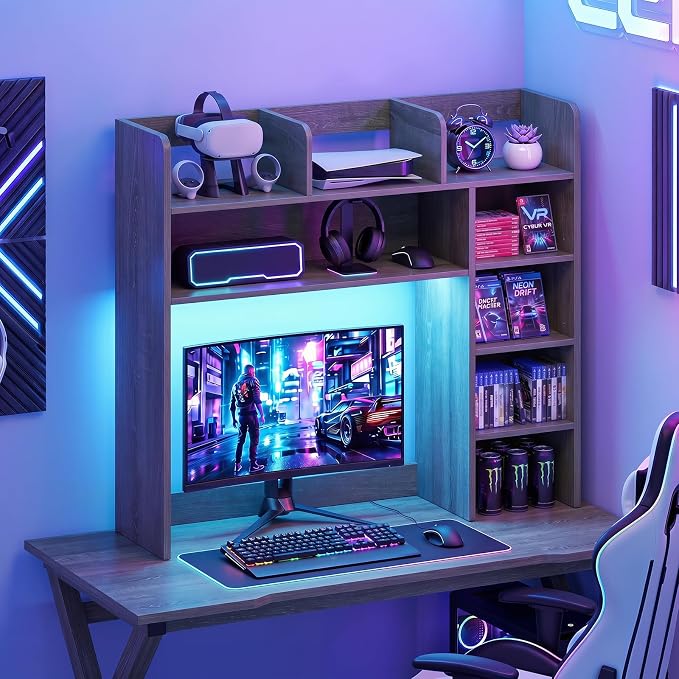 Tangkula Desktop Bookshelf with LED Lights, Desk Hutch with 8 Shelves for Max 25" Monitor, Desktop 5-Tier Display Rack, Multipurpose Wood Desktop Storage Hutch Organizer for Dorm Office Home (Grey)