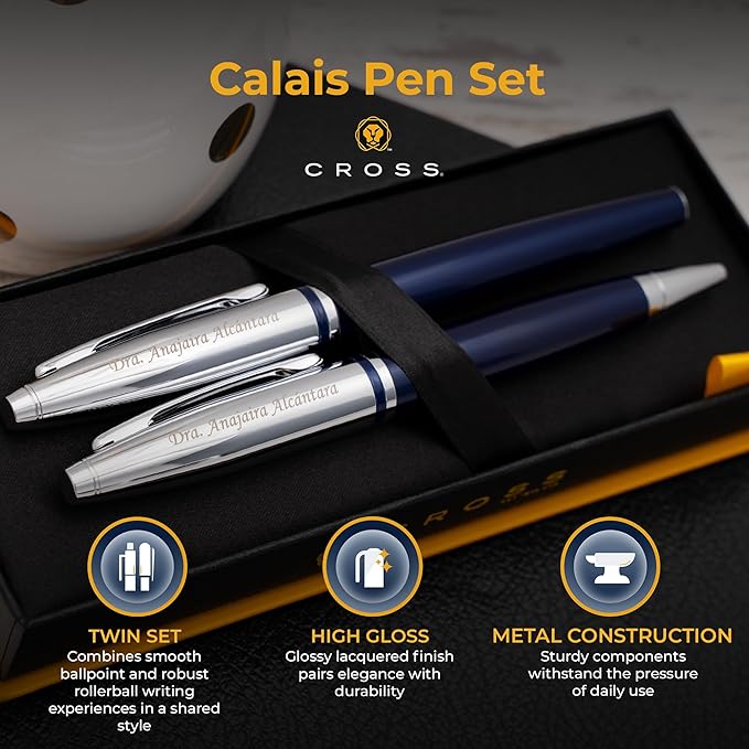 Cross Calais Engraved Ballpoint and Rollerball Pen Set, Blue Lacquer with Chrome Trim, Personalized Gift for Graduation, Retirement, Career Advancement, Executives, Cross Gift Box Included