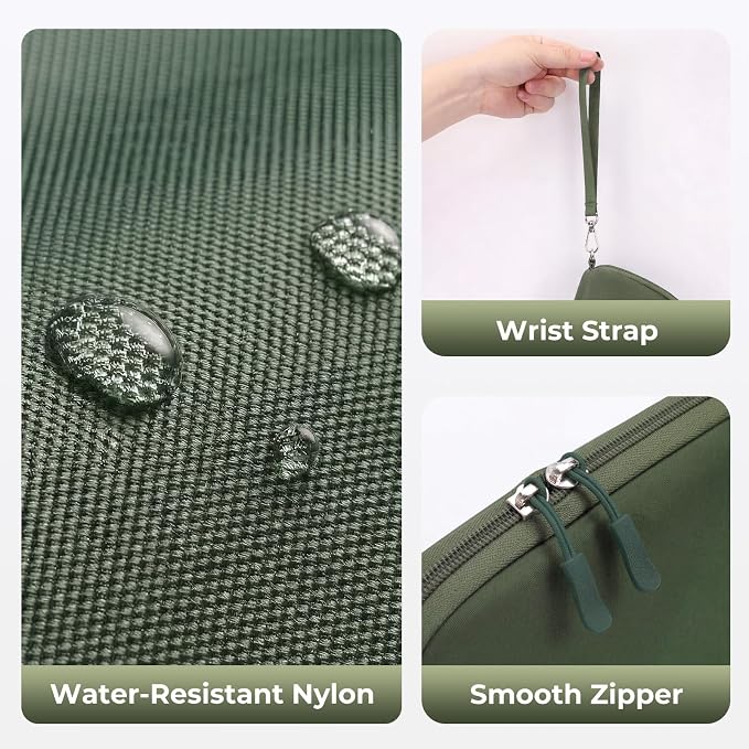 FYY Travel Cable Organizer - 8 Compartments Lightweight Water Resistant Tech Pouch with Wrist Strap, Portable Electronic Accessories Case for Cord Charger Storage for Travel Home Office Green (Large)
