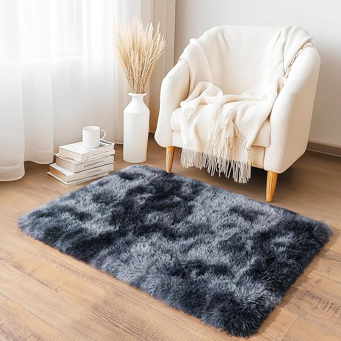 2x3 Small Rugs for Bedroom, Soft Fluffy Shaggy Bedside Area Rugs for Living Room, Indoor Floor Carpet for Kids Girls and Boys, Nursery Rooms, Home Decor Aesthetic, Tie-Dyed Blue Grey