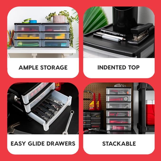 IRIS USA 3-Drawer Medium Plastic Stacking Desktop Organizer, Black | Organize office supplies, stationery, makeup, craft materials and everyday essentials for neat desktop storage