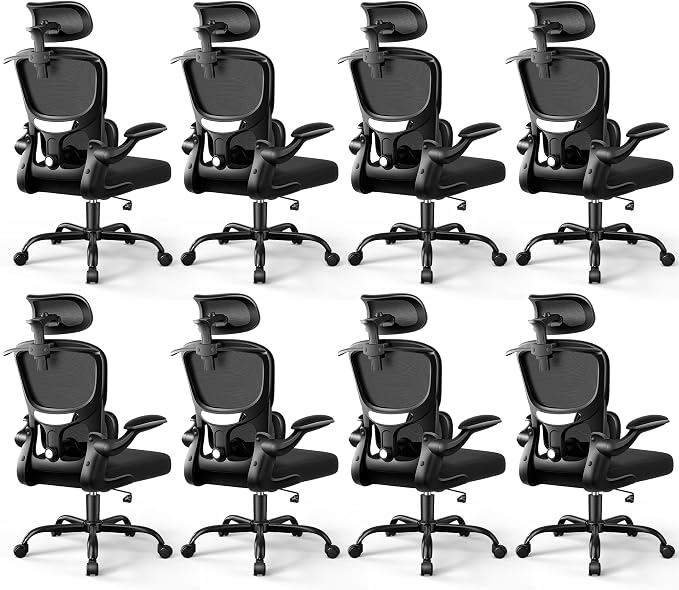 ALLGOD Ergonomic Office Chair, Mesh Desk Chair with Lumbar Support, High Back Home Office Chair with Adjustable Headrest and Flip-Up Arms, Comfortable Computer Chair, Thick Cushion,Black-8 Pack