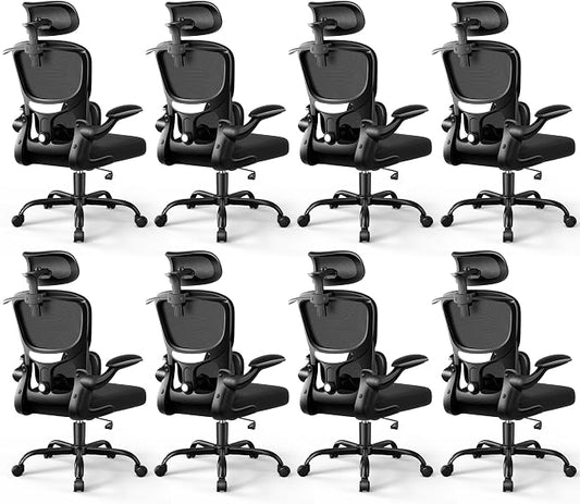 ALLGOD Ergonomic Office Chair, Mesh Desk Chair with Lumbar Support, High Back Home Office Chair with Adjustable Headrest and Flip-Up Arms, Comfortable Computer Chair, Thick Cushion,Black-8 Pack