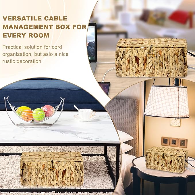 BTSKY Woven Cable Management Box with Lid Water Hyacinth Cord Organizer, L | Cable Organizer Box with 2-Open Slots to Hide Power Strips USB Hubs for Desk, Home & Office, Pet Proofing Cord Basket