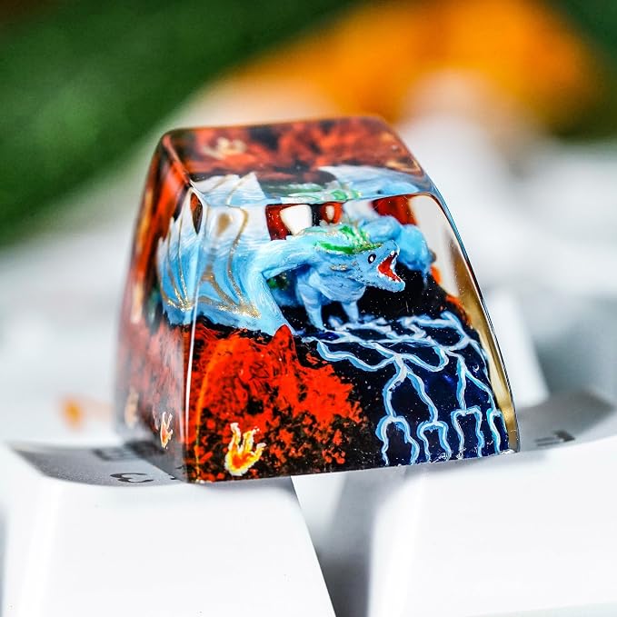 Blue Dragon Artisan Keycap with Volcano - 1U ESC, R1 SA Profile Custom Handmade Resin Cherry MX Switch Key Cap Mechanical Keyboard, Cool Tech Gifts for Men, Dad, Father, Gamer, Space Lover