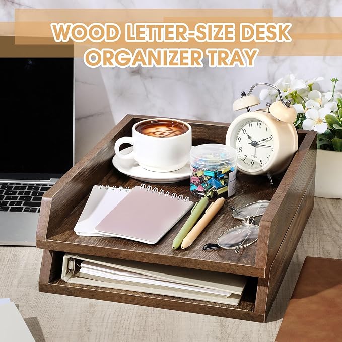 DoubleFill 2 Pcs Wooden Letter Trays 2 Tier Desktop Paper Organizer Wood Letter-Size Desk Document Tray Heavy Duty Stackable Paper Drawer Holder File Folder Back to School Office Home (Dark Wood)