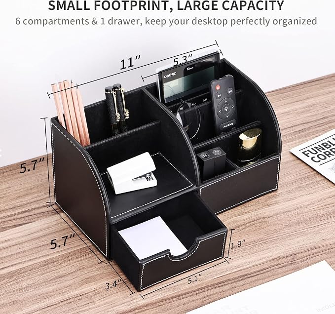 Pu Leather Desk Organizer Pen Pencil Holder Office Supplies Caddy Storage Box 6 Compartments with Drawer Black (Full Pu Leather)