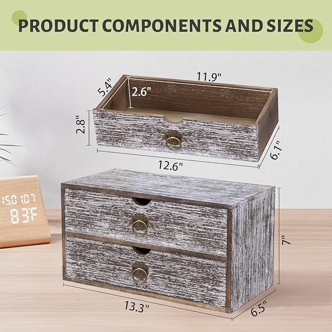 Wood Desk Organizer, Washed Brown Wooden Desktop Organizer with Drawer, Tabletop Storage Organization Box for Countertop, Home Office Supplies, Bills (2 Drawer)