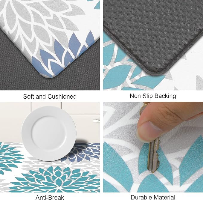 HEBE Anti Fatigue Kitchen Rugs Set of 2, Cushioned Kitchen Mats for Floor | Non Slip Washable Kitchen Runner Rug Set, Floral Stain Resistant Waterproof Comfort Mat Carpet for Sink, Standing Desk