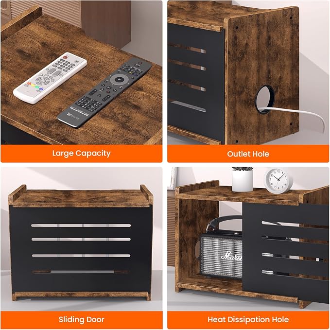 Router Shelf, Wood Wifi Box Hider, Projector Shelf Stand, Router Modem Storage Box Power Strip Cable Management Hider Rack, Routers Cover Organizer for Office Home, Rustic Brown