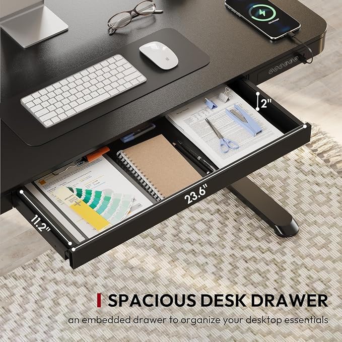 SANODESK Standing Desk with Drawer, Electric Height Adjustable Home Office Desk with Storage & USB Ports, 48 inch Black Wood Tabletop/White Frame