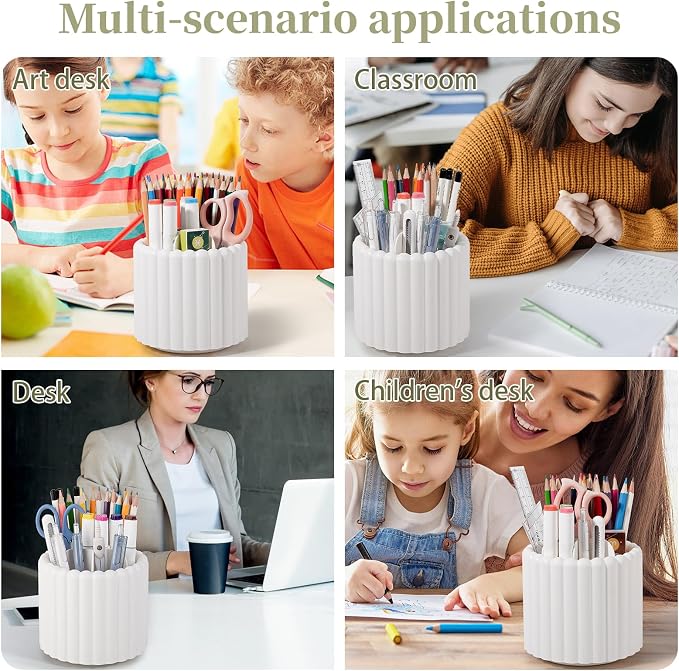 360° Rotating Pen Holder for Desk Removable Pencil Organizer, White | 7 Slots Pen Cup Cute Office Supplies and Accessories Plastic Desktop Storage Box Art Caddy for School, Work, Home