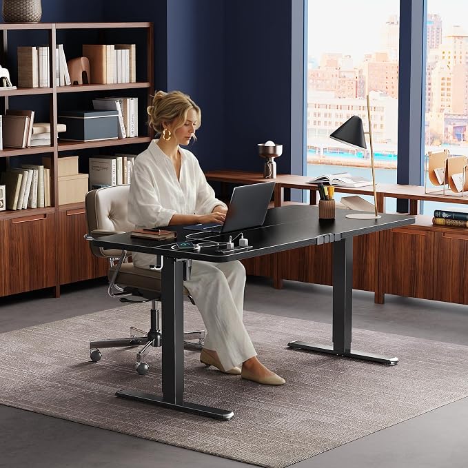 Huuger Electric Standing Desk with Power Outlets and USB-C Port, 55 X 24 Inch Height Adjustable Desk, Sit Stand Desk for Home Office, Computer & Gaming Desk with 4 Presets, Stable Steel Frame, Black