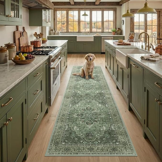 RELEANY Area Rugs Runner 3'x10' Washable Non-Slip, Floral Vintage Distress Medallion Carpet for Kitchen Hallway Bedroom Beside Laundry Room Bathroom, Dark Green Gray