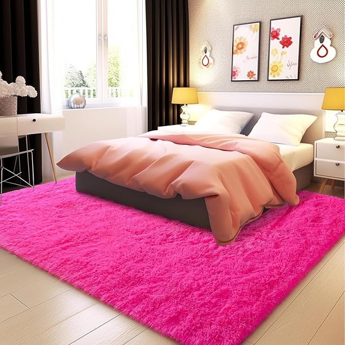Awaytail Fluffy Rug Stain Resistant 3x5 Feet, Hot Pink Cute Rugs for Bedroom Aesthetic, Modern Plush Area Rugs for Bedroom