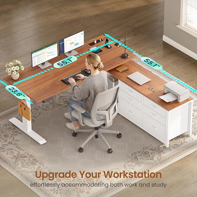 SEDETA L Shaped Electric Standing Desk, 55" x 55" Height Adjustable Office Executive Desk with 6 Fabric Drawers and Storage Shelves, Sit Stand Computer Desk with Power Outlet (White + Brown)