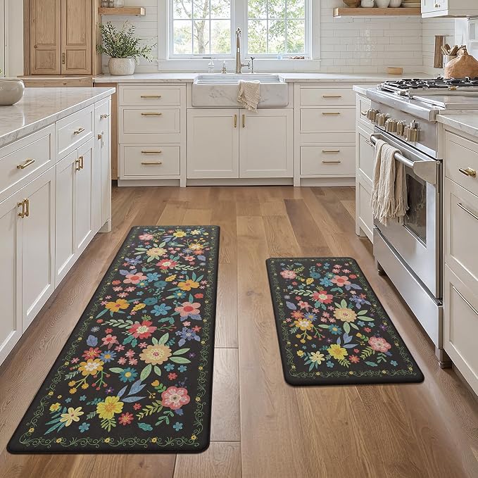 GENIMO Anti Fatigue Kitchen Mats for Floor 2PCS, Cushioned Standing Mats | 23"x71"&20"x32", Black vintage floral rug set, waterproof, non slip, easy-clean for farmhouse