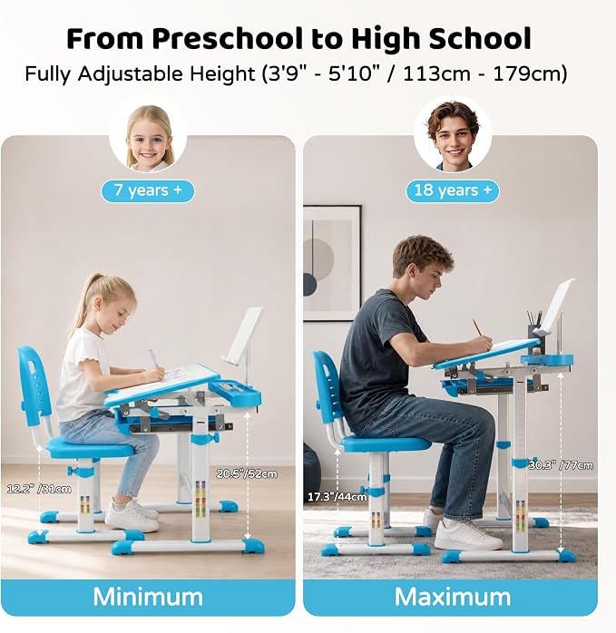 Diroan Kids Desk and Chair Set with LED Light, Height-Adjustable for Age 7+ | Ergonomic, Large 0‑45°desk, Sturdy steel frame, Storage drawer, Bookstand, Metal hook