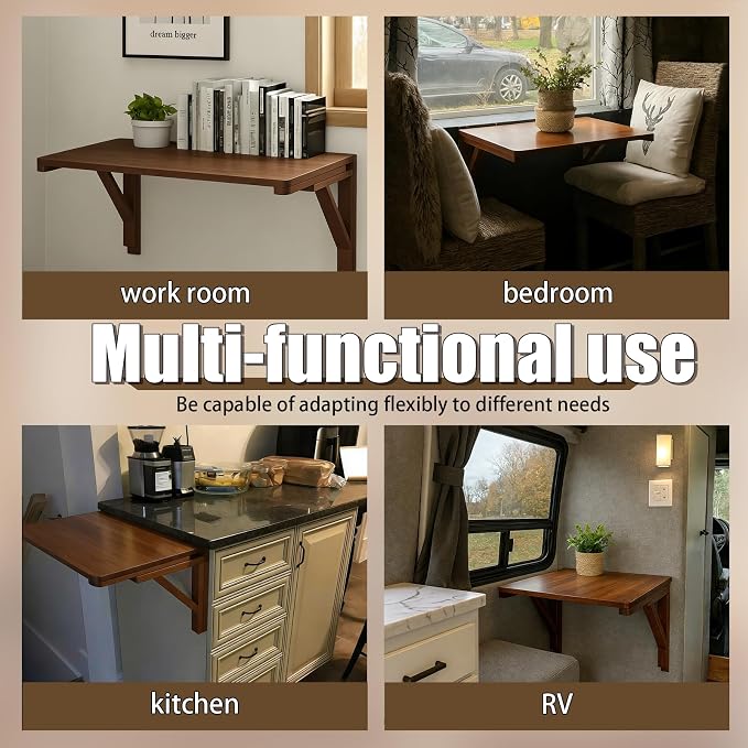 MM MELISEN Wall Mount Folding Table - 37x22 Inch, Walnut Versatile Table for Kitchen prep or Craft Studio. Solid Wood Surface Folds Flat. Perfect for Meal prep and Creative Projects
