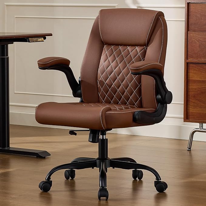 Leather Office Chair, 300lbs Heavy Duty Mid-Back Desk Chairs with Flip-up Armrests, Space-Saving Swivel Task Chair with Wheels, Adjustable Height and Ergonomic Back Support, Brown