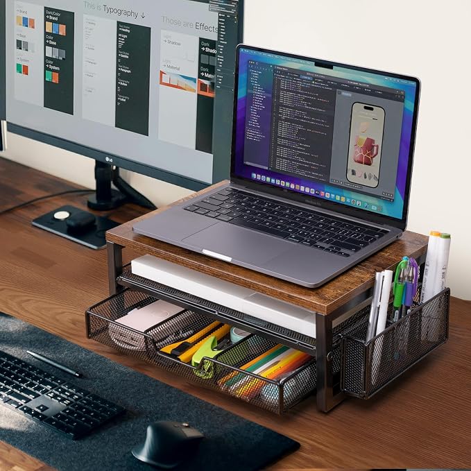 ARCOBIS Monitor Riser with Drawers and Pen Holders | Wood & Mesh Metal Computer Monitor Stand with Storage for Desk, Rustic Brown