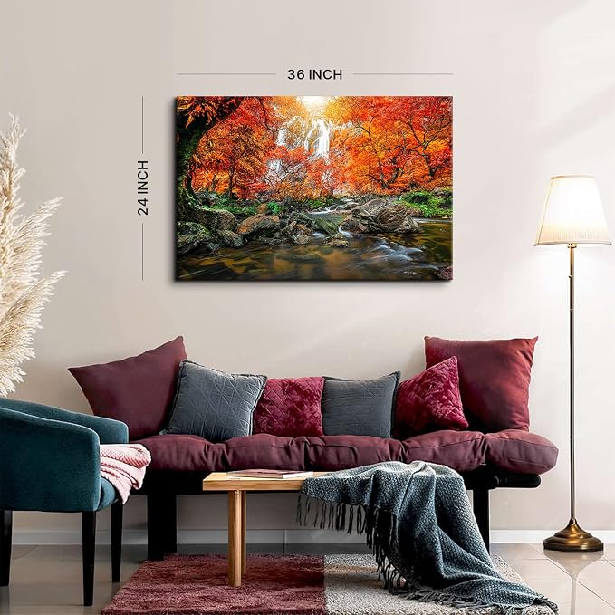 Waterfall Wall Art Sunset Nature River Landscape Picture Bedroom Decor 24x36" Autumn Forest Mountain Canvas Kitchen Modern Artwork Burnt Orange Maple Tree Scenery Painting Living Room Home Decoration