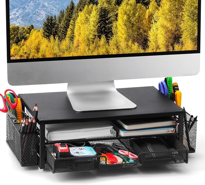 2-Tier Monitor Stand with Drawer, Laptop Stand with Storage for Desk, Heavy Duty Iron Computer Stand Riser & Desk Organizer with Drawers, Home Office Mesh Shelf for Monitor up to 32 Inch (Black)