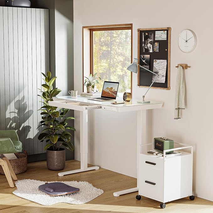 BANTI Electric Standing Desk with Drawers, 48 inch Whole-Piece Glass Desktop, Height Adjustable Stand up Sit Stand Home Office Ergonomic Workstation, White Tabletop